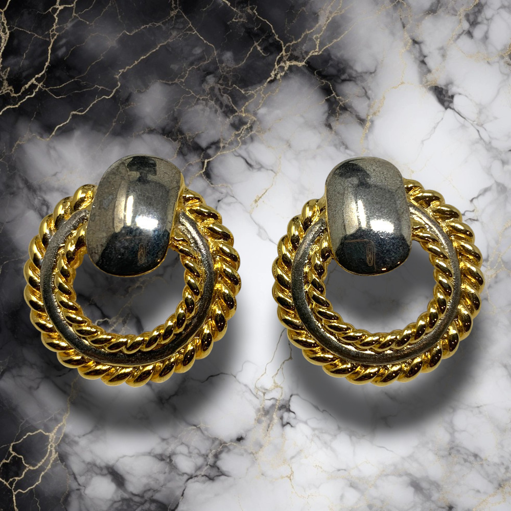 Vintage 1980's Petite Doorknocker Pierced Earrings Mixed Tone Couture Runway